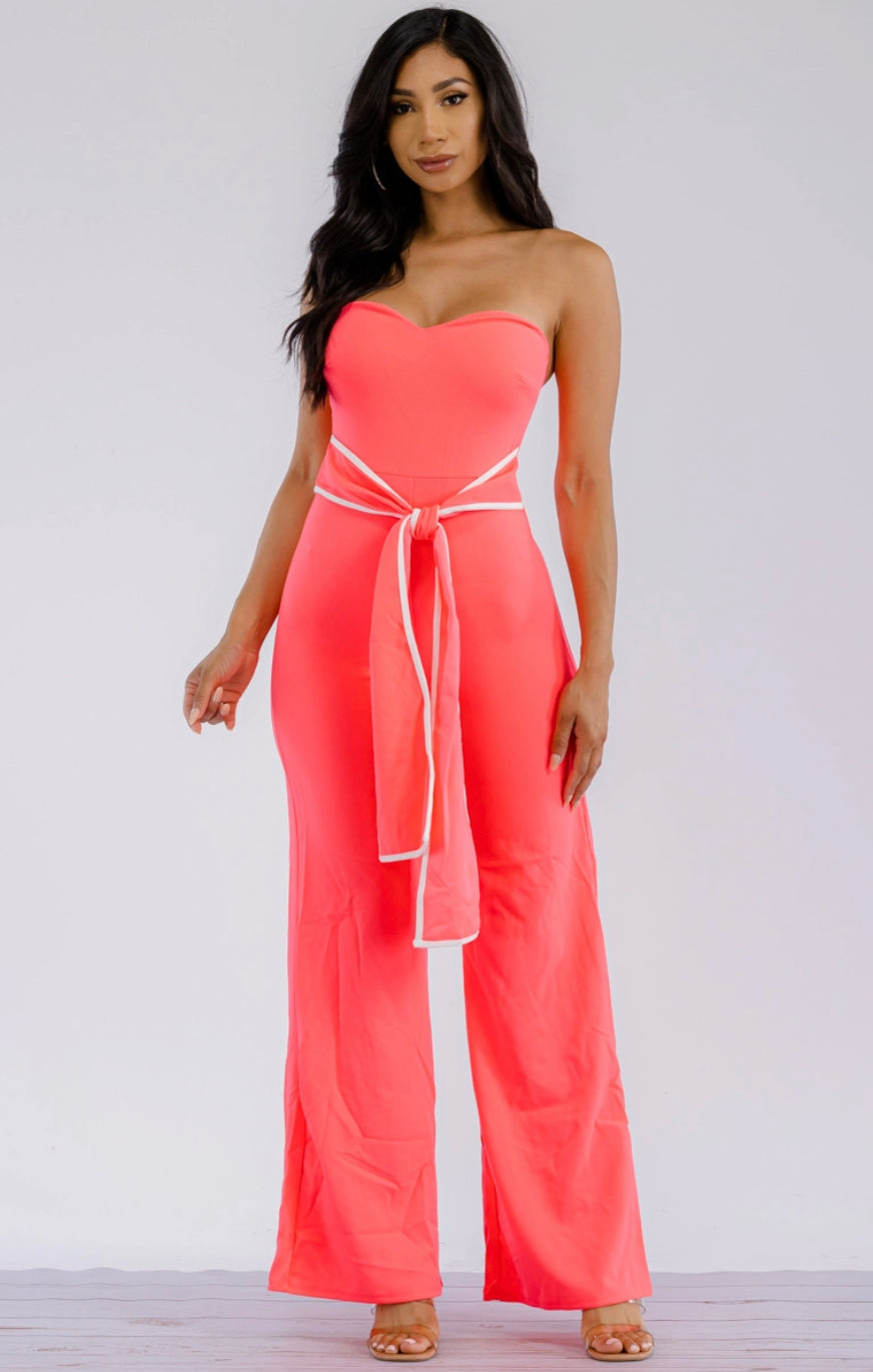 SLEEVELESS WAISTBELT JUMPSUIT - CORAL