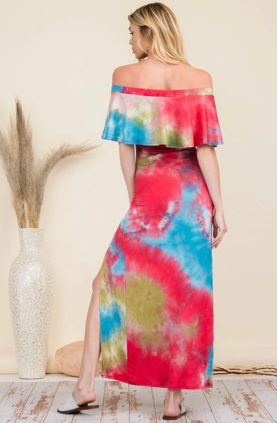 OFF SHOULDER MAXI DRESS - RED/TEAL TIE DIE