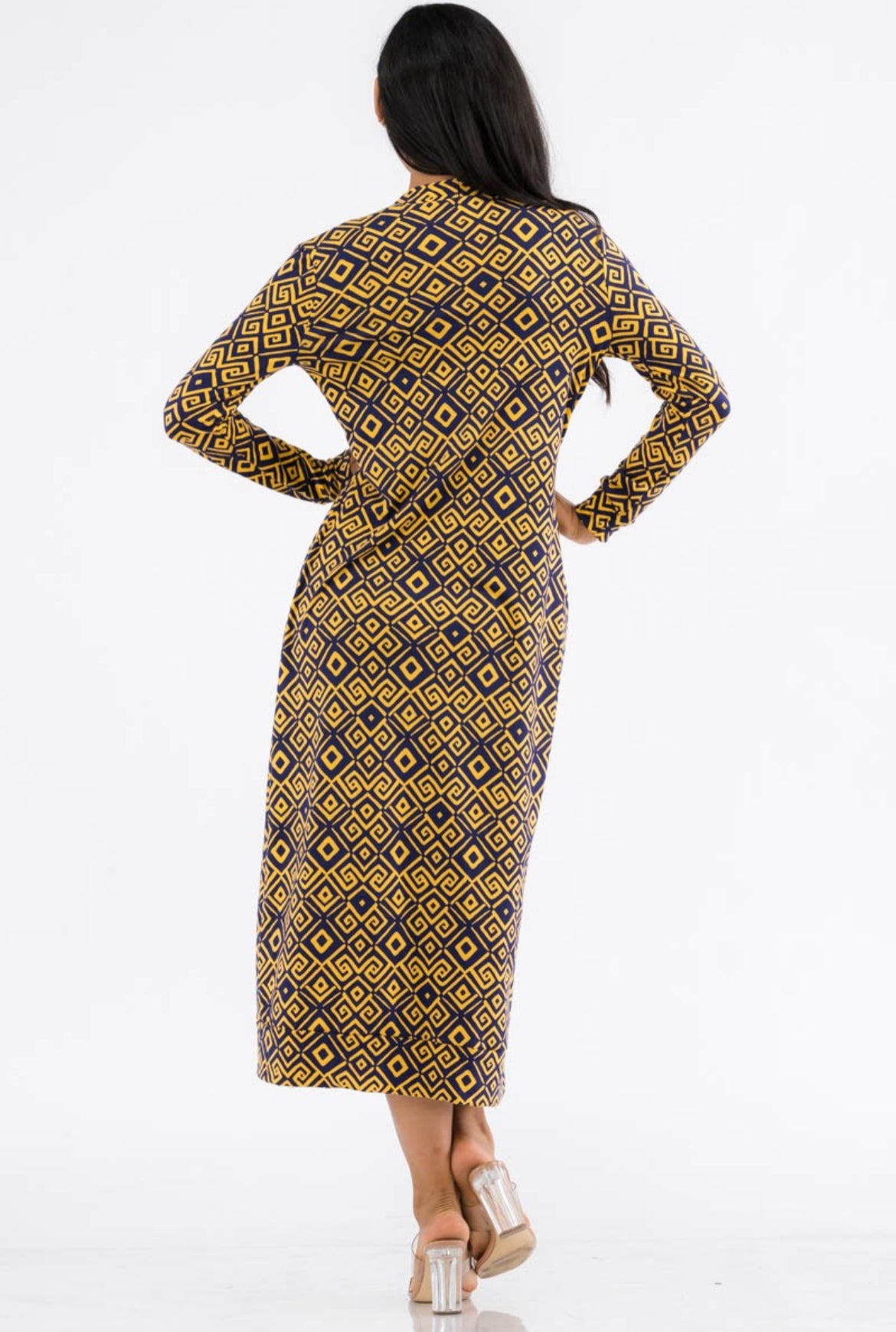 2 PC GOLD/NAVY PRINT DUSTER AND DRESS SET - GOLD/MAVY