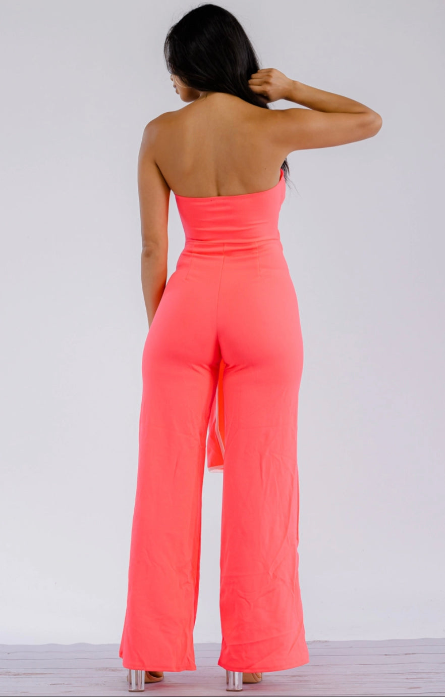 SLEEVELESS WAISTBELT JUMPSUIT - CORAL