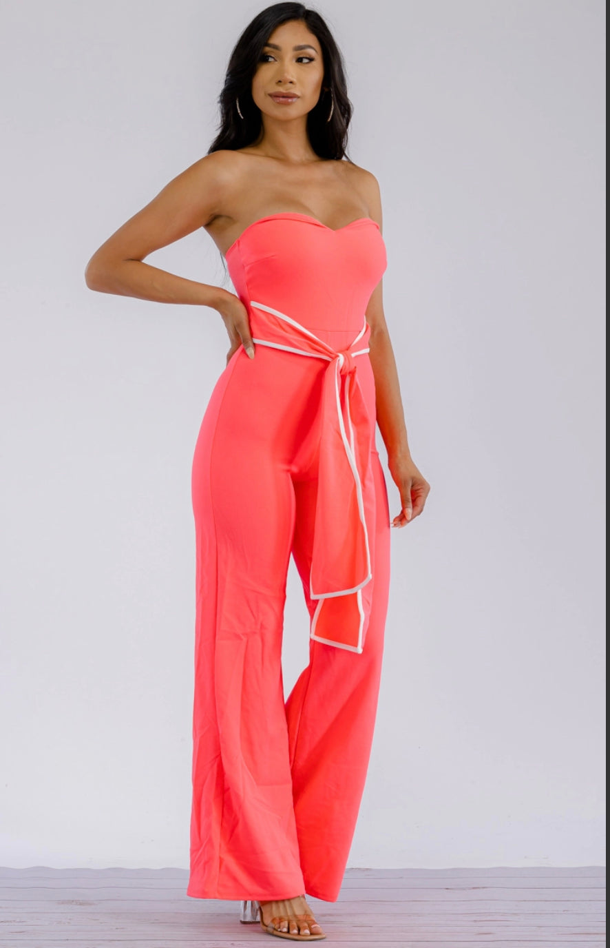 SLEEVELESS WAISTBELT JUMPSUIT - CORAL