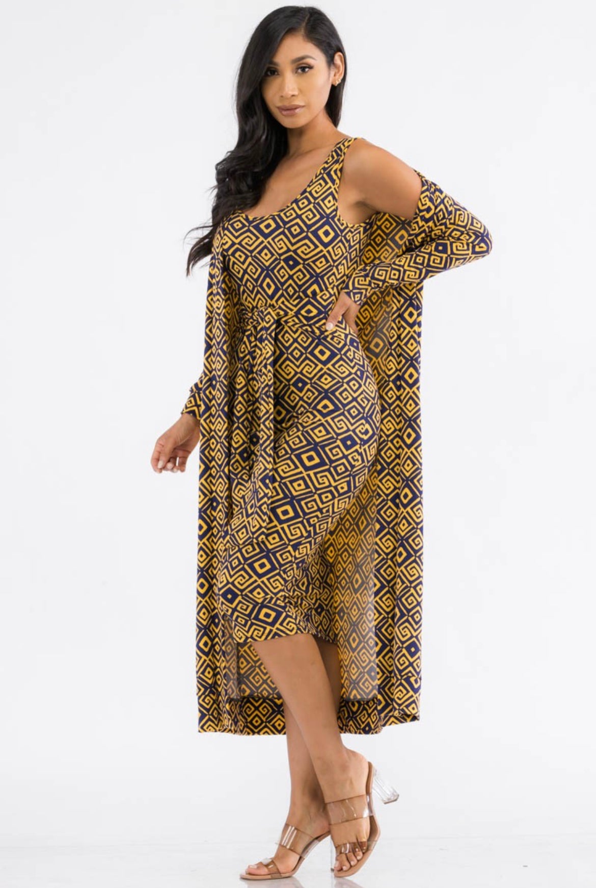 2 PC GOLD/NAVY PRINT DUSTER AND DRESS SET - GOLD/MAVY