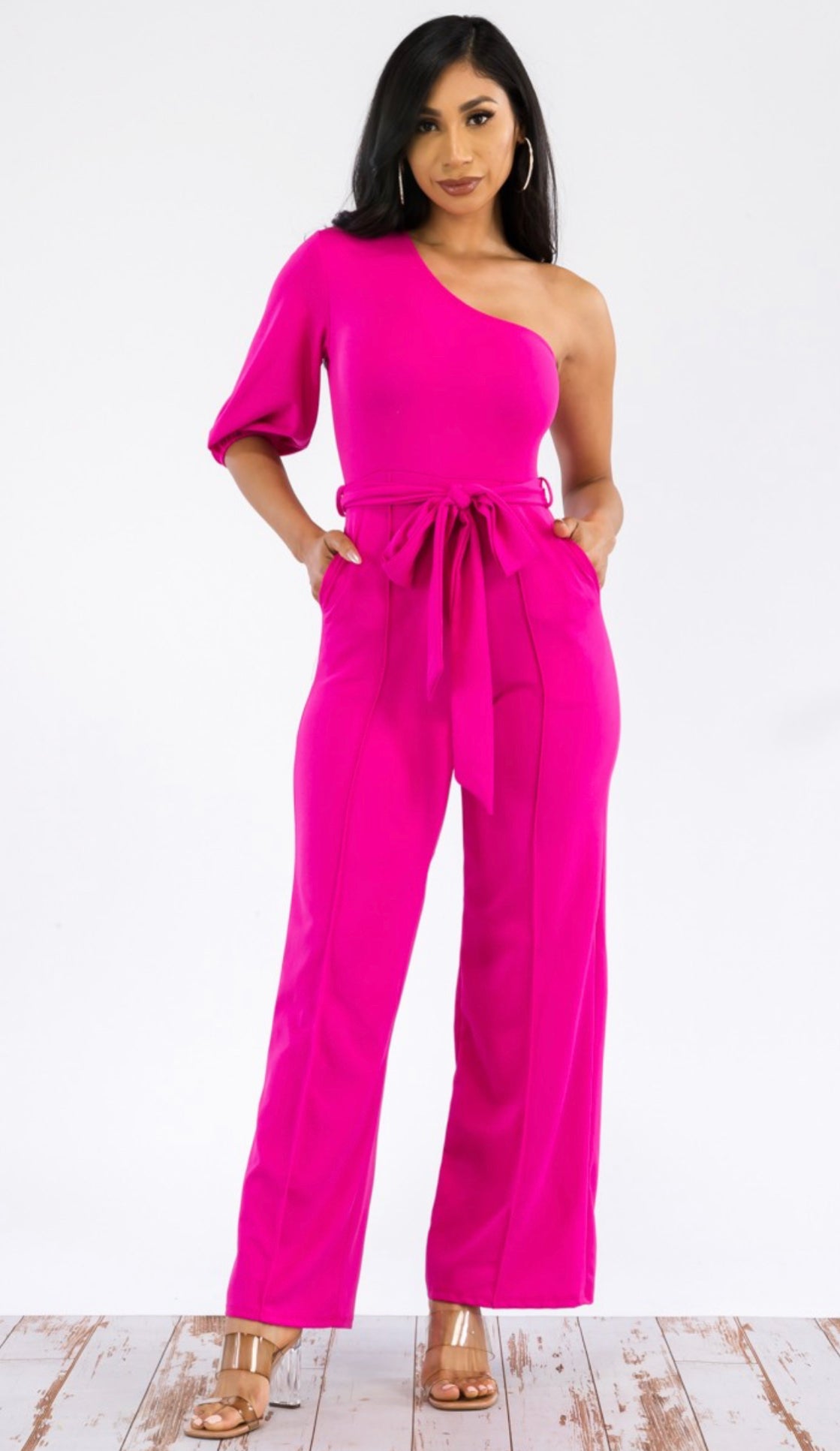ONE SHOULDER JUMPSUIT - FUSCHIA