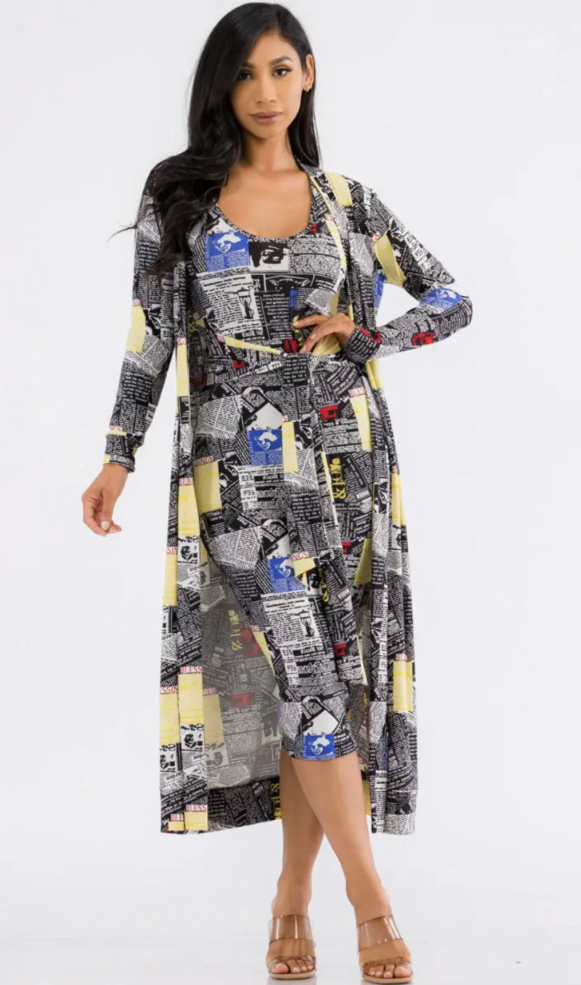 2 PC VINTAGE MAGAZINE PRINT DUSTER AND DRESS SET