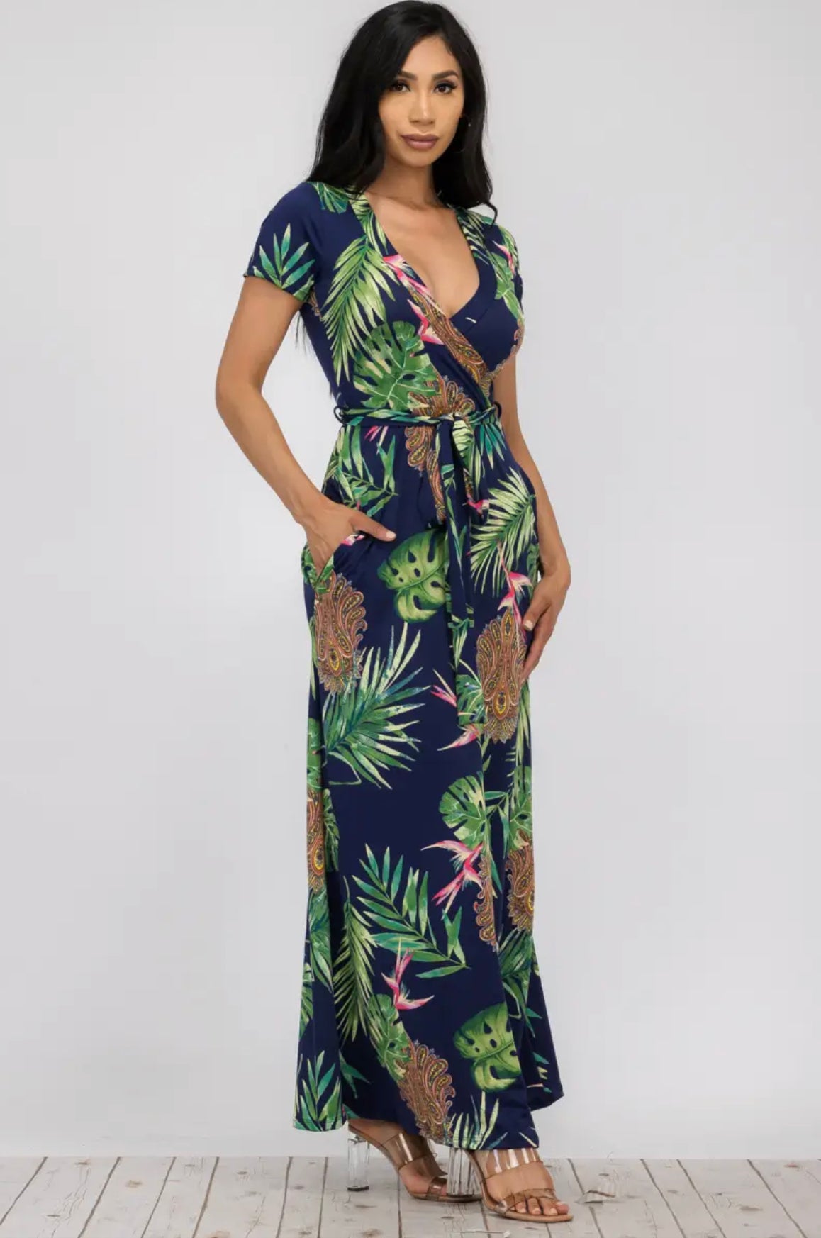 PLUS SHORT SLEEVE MAXI DRESS - INDIGO PALM