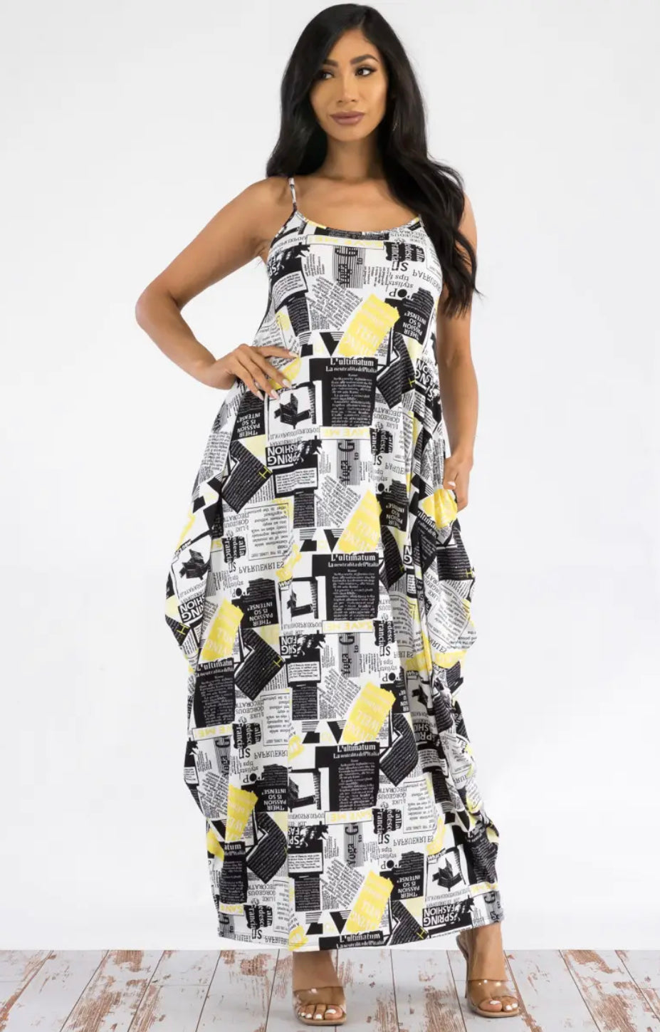 CAMI DRESS WITH POCKETS - NEWSPAPER PRINT