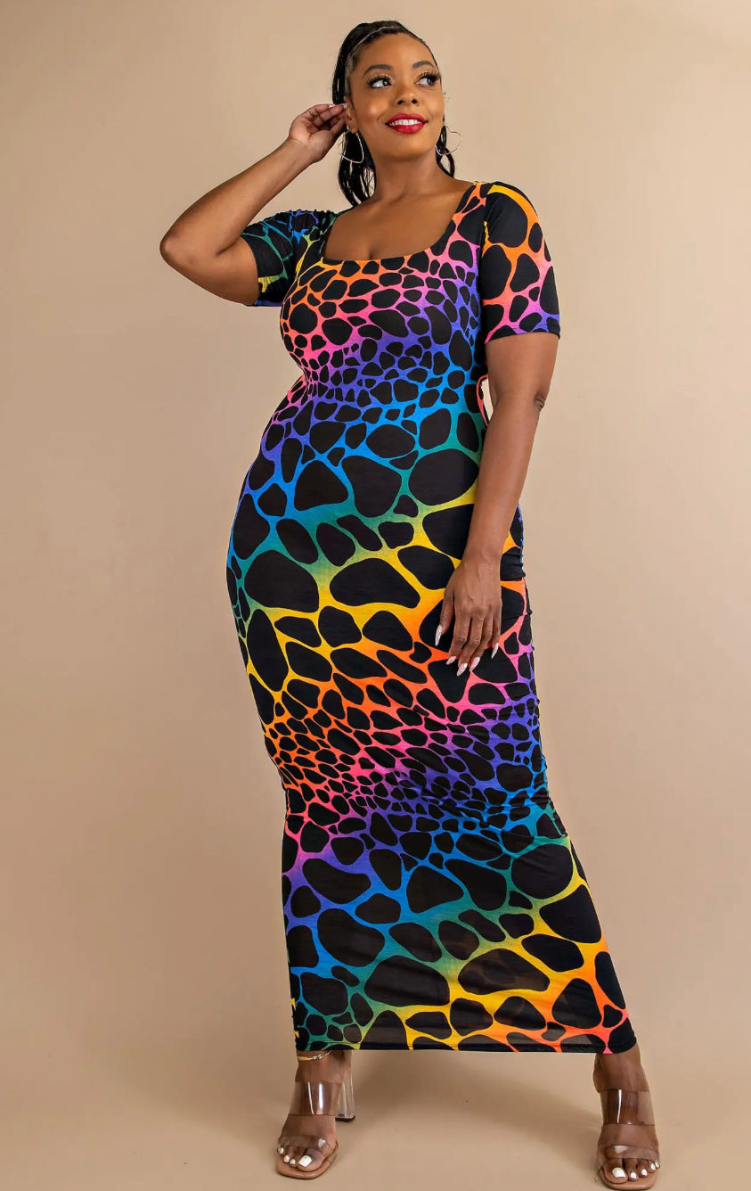 SHORT SLEEVE SCOOP NECK MAXI DRESS - BLACK AND RAINBOW