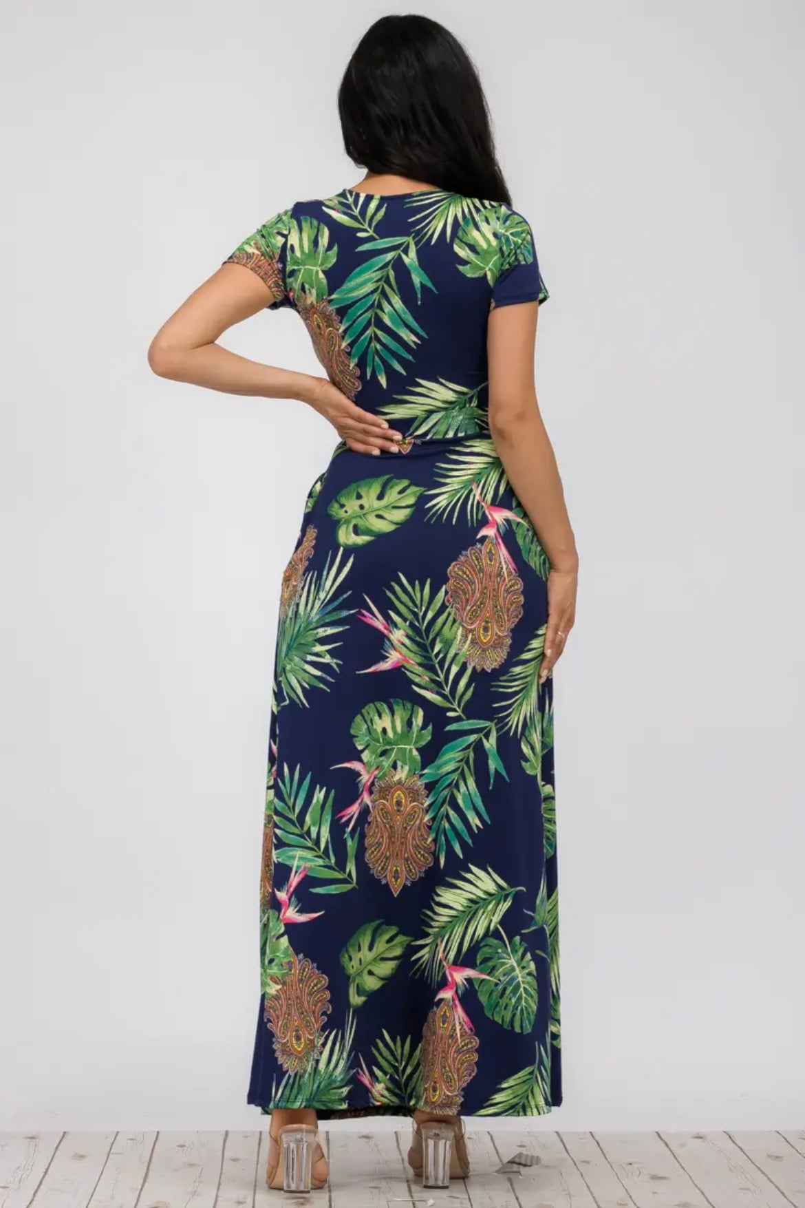 PLUS SHORT SLEEVE MAXI DRESS - INDIGO PALM