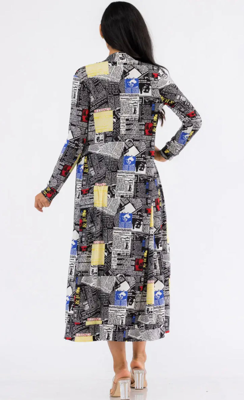 2 PC VINTAGE MAGAZINE PRINT DUSTER AND DRESS SET