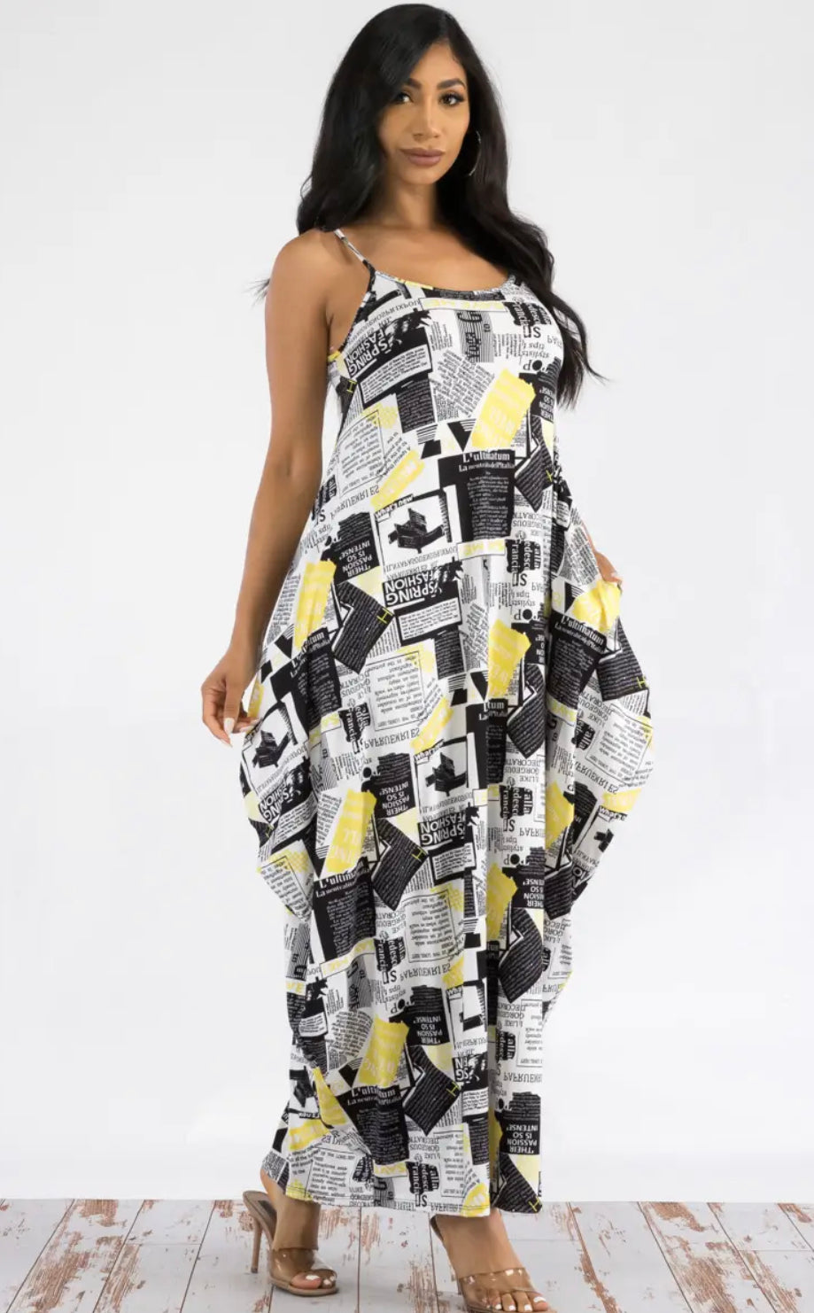 CAMI DRESS WITH POCKETS - NEWSPAPER PRINT