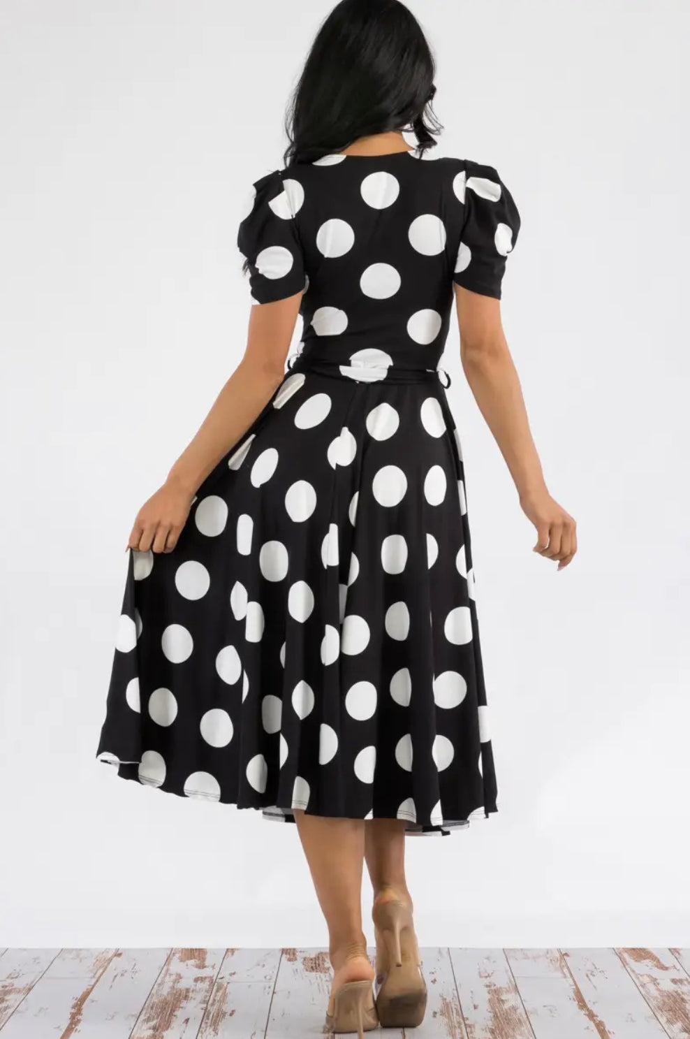 PUFF SLEEVE MIDI COCKTAIL DRESS - POLKA DOT