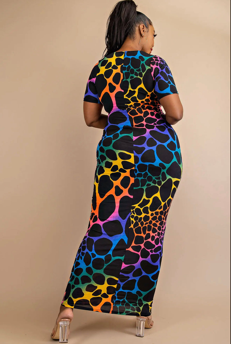 SHORT SLEEVE SCOOP NECK MAXI DRESS - BLACK AND RAINBOW