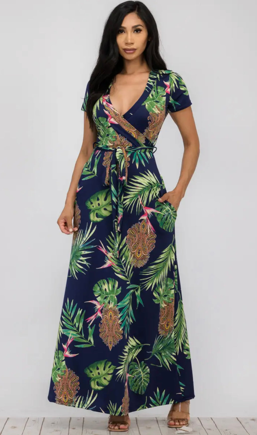 PLUS SHORT SLEEVE MAXI DRESS - INDIGO PALM