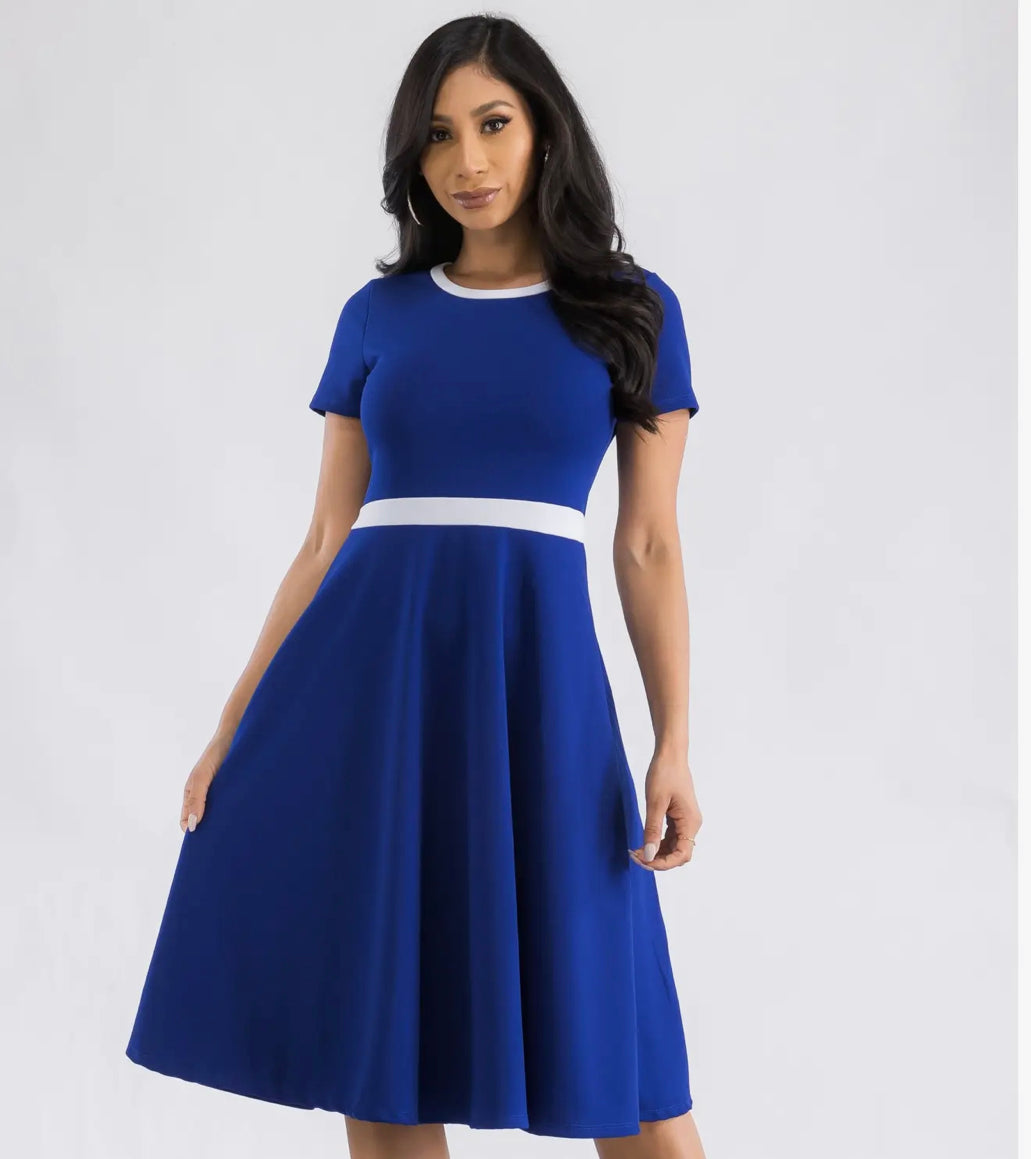 SHORT SLEEVE MIDI DRESS - BLUE/WHITE