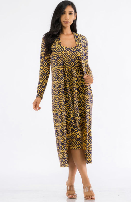 2 PC GOLD/NAVY PRINT DUSTER AND DRESS SET - GOLD/MAVY